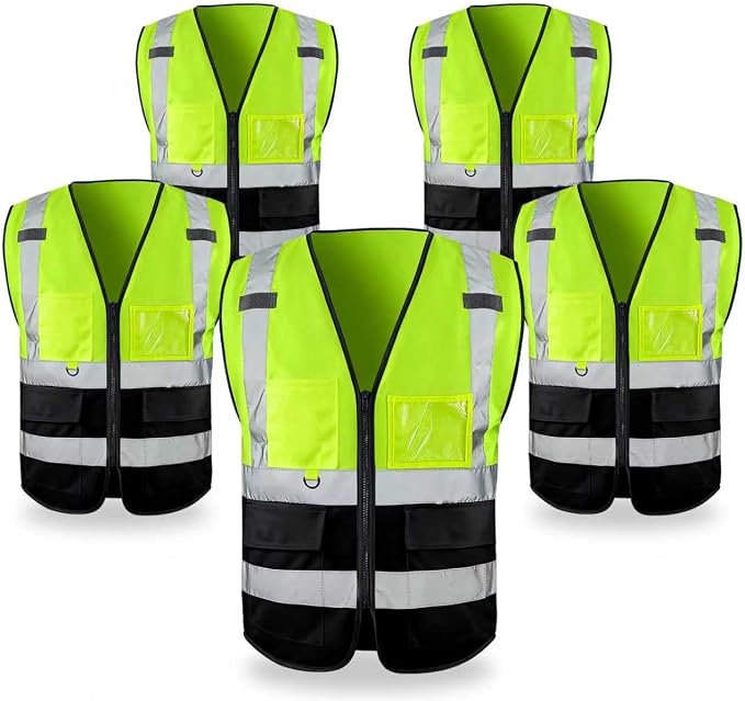 FATONE Hi Vis Safety Vest for Men with Reflective Strips, Class 2 High Visibility Vest with Pockets for Construction, Traffic, Warehouse, Security, Volunteer, 5 Pack Black Bottom Yellow, XL