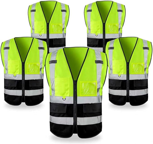 FATONE Hi Vis Safety Vest for Men with Reflective Strips, Class 2 High Visibility Vest with Pockets for Construction, Traffic, Warehouse, Security, Volunteer, 5 Pack Black Bottom Yellow, XL
