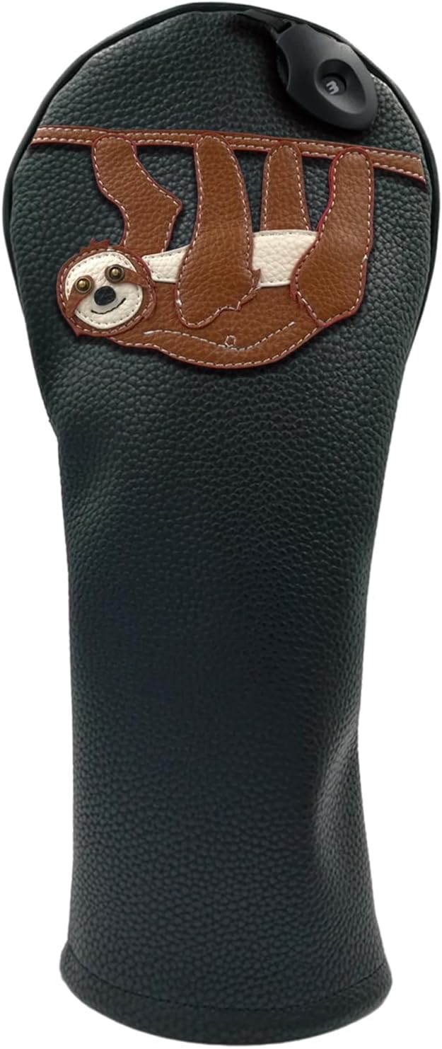 Sloth PU Leather Golf Club Covers Driver Headcovers Fairway Woods Hybrid Protector with Interchangeable Number Tag