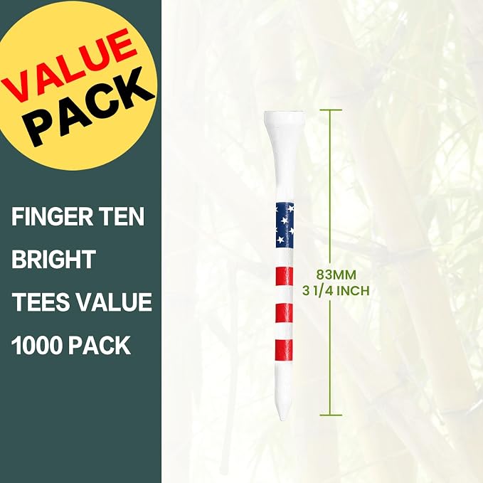 Stylish USA Flag Golf Tees Wood 1 1/2" 2 1/8" 2 3/4" 3 1/4" Value 500/1000 Pack, Durable Long Short Tees with Stripes for Consistent Height