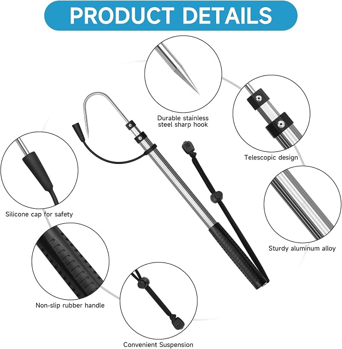 SANLIKE Telescopic Fishing Gaff Aluminum Pole with Nonslip Rubber Handle Stainless Steel M8 Screw Hook