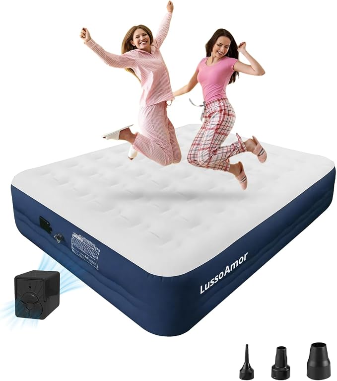 Queen Air Mattress with Built-in Rechargeable Pump, 18" Raised Inflatable Bed for Camping & Guest, 3-Min Fast Inflation, Velvet Top, Thickened Durable Waterproof Fabric(Blue)