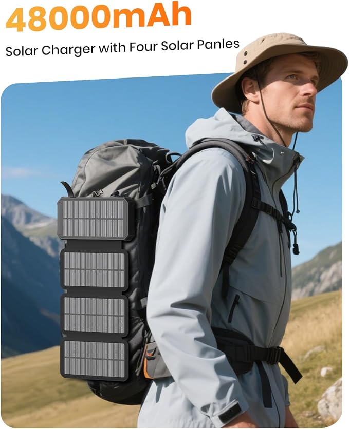 SOARAISE Solar Charger Power Bank 48000mAh PD QC 3.0 Fast Charging Wireless Portable Charger with 4 Solar Panels and 4 Cables, USB C Battery Pack for Cell Phone with Camping Flashlight, Carabiner