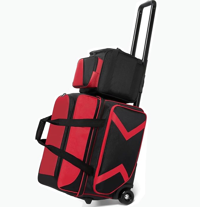 3 Ball Bowling Bags with Wheels and Shoes Compartment, Roller with Multipocket, 2 Ball Bowling Roller Bag + 1 Ball Color Matching Add On Tote (Red-Black)