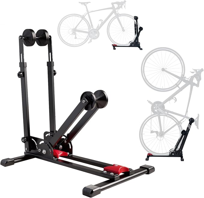 Foldable Vertical & Horizontal Bike Rack - Space-Saving Floor Bike Stand for Garage/Indoor Storage, Tool-Free Assembly Fits 24"-29" Mountain/Road Bikes (66lb Capacity) No Drilling