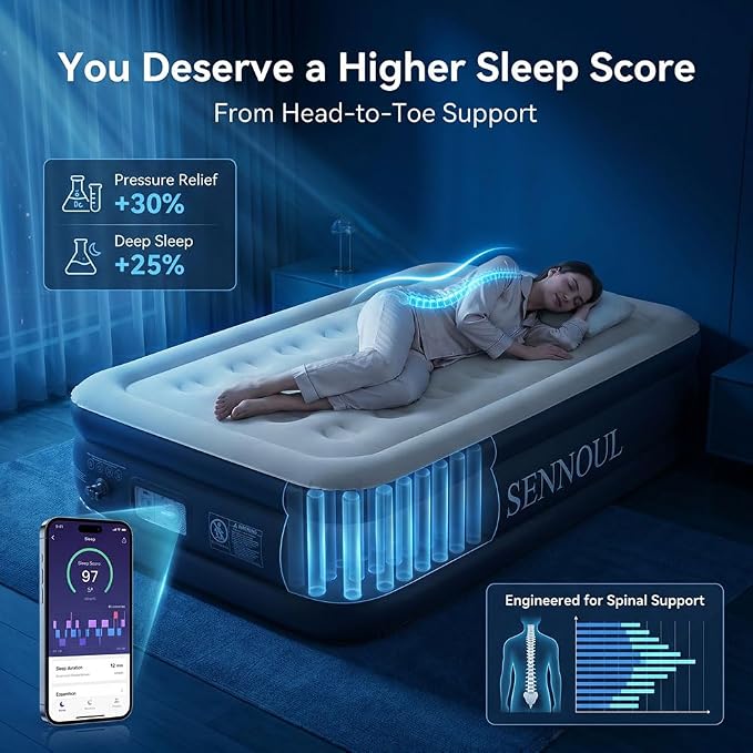 SENNOUL Twin Air Mattress with Built-in Pump,Fast & Easy Inflation/Deflation Inflatable Mattress, Foldable Blow Up Mattress with Storage Bag, Inflatable Bed for Home, Camping & Guests,16"/550lbs Max