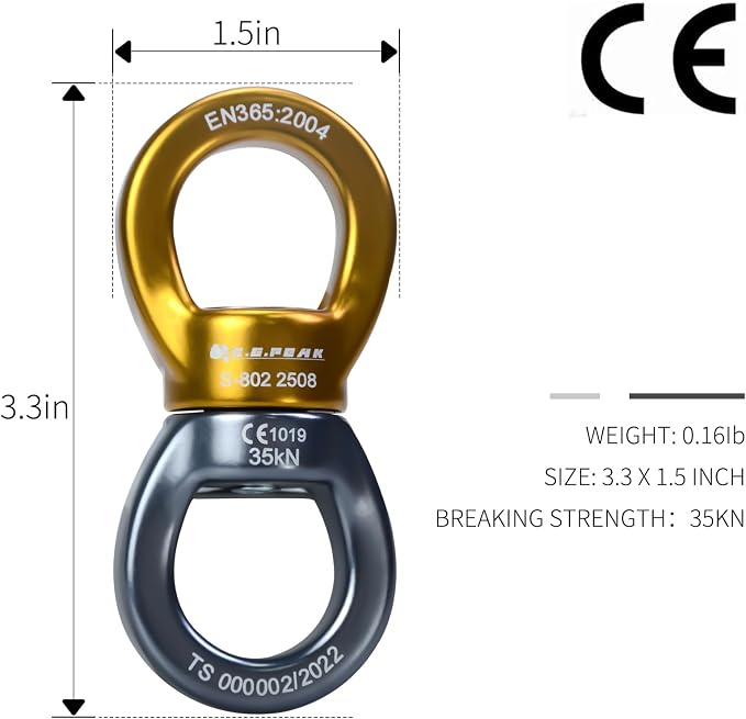 35kN Swing Swivel, CE Certified 360°Rotational Device, Silent Hanging Accessory for Tree Swing, Aerial Dance (Golden+Grey, 35kN)
