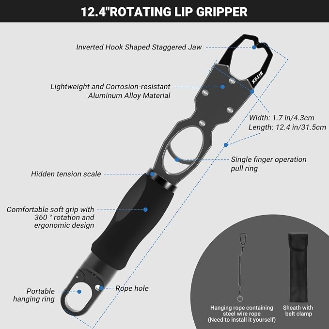 BiteX Fish Lip Gripper with 40lb Scale, 360° Rotating Fish Holder | One-Hand Operation, Saltwater-Resistant Aluminum Build, Bonus Fishing Pliers, Sheaths and Lanyards Included