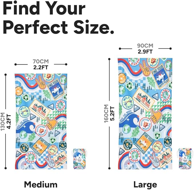 Dock & Bay Kid's Towel - Quick Dry, Sand Free - Compact, Lightweight - 100% Recycled - Includes Bag - Into the Wild - Large (160x90cm, 63x35)