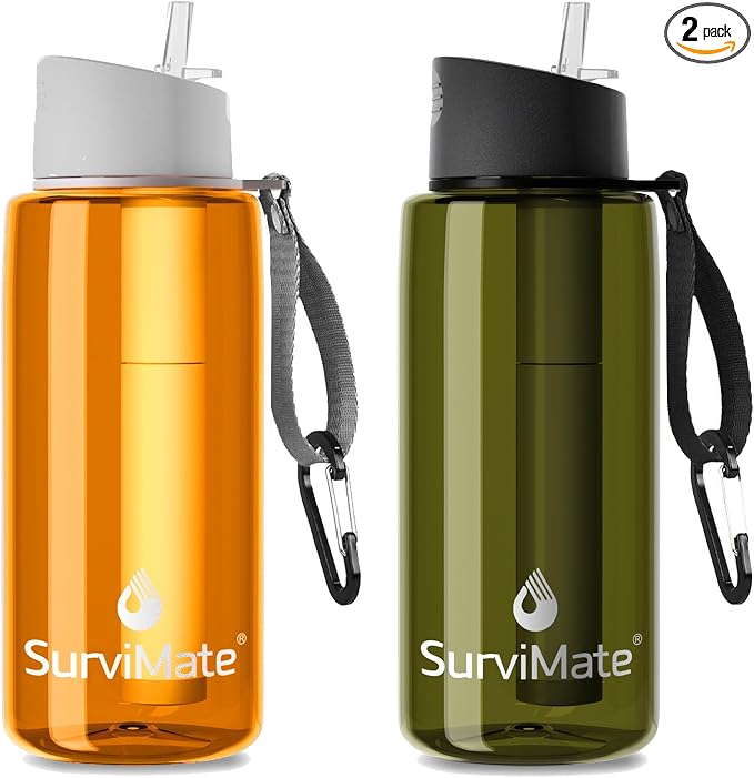 SurviMate Purified Water Bottle for Camping, Hiking, Backpacking and Travel, BPA Free with 5-Stage Intergrated Filter Straw