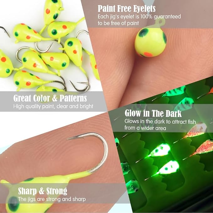 Tungsten Ice Fishing Jigs Kit, 3.2/4/5mm Glow in Dark Tear Drop Ice Fishing Lure Jigs with Waterproof Two-Sided Jig Box Assortment 20/24/30