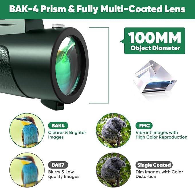 Monocular Telescope with Lights HD Monoculars 80x100 for Adults High Powered Monocular with Smartphone Holder & Tripod, Handheld Telescope Suitable for Bird Watching Stargazing-Green