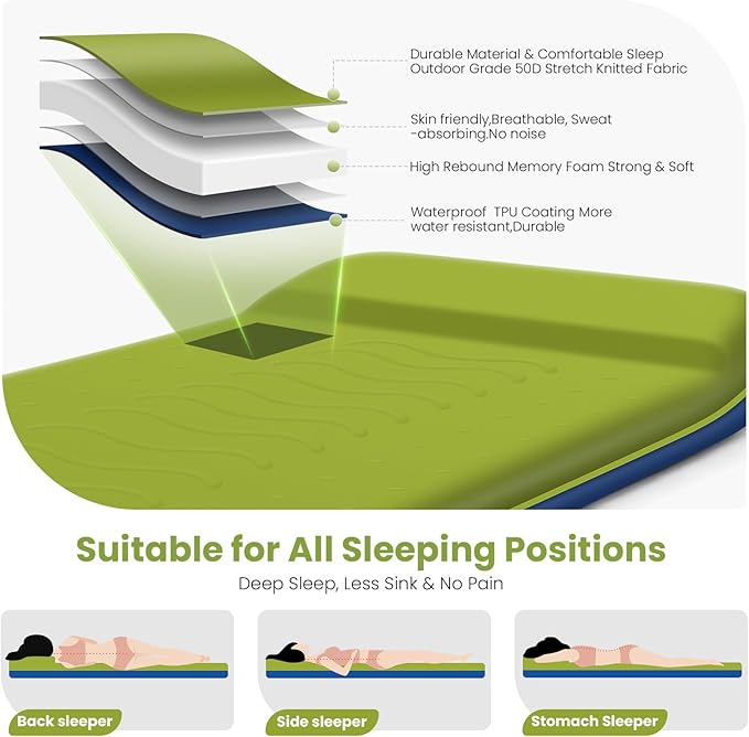 TEKIK Self Inflating Sleeping Pad, Ultra-Thick Memory Foam Sleeping Pad for Camping with Pillow, 20s Fast self Inflate&Deflate, 9.5 R-Value Insulated Camping Mattress, Suitable for Car Travel Tent