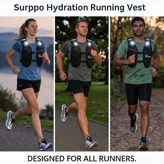 Running Hydration Vest with 3 LED Safety Lights and 500ml Soft Flask, Lightweight Reflective Running Vest for Women Men, Adjustable Chest Straps, Phone Pocket for Marathon Trail Night Running
