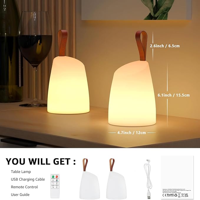 uuffoo 2 Pack Portable Outdoor Table Lamp LED Camping Lantern, Rechargeable Table Lamp with Remote, RGB & Warm White, IP44 Water-Resistant, Timer & Memory, Hanging Lantern for Patio, Garden, Camping