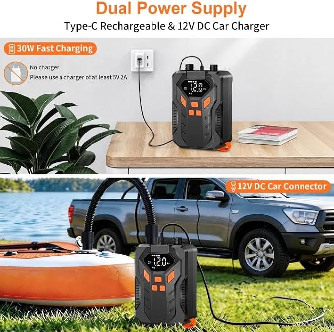 Electric High Pressure Paddle Board Pump 20PSI, Rechargeable SUP Air Pump, Dual-Stage Inflation & & Deflation, Auto-Off, 7 Nozzles, Portable Inflation for Boat, Tent, Kite, Surfing