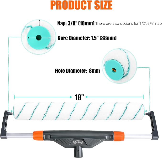 18 Inch Microfiber Paint Roller Covers, 3pcs 3/8" Nap Rollers with A Professional Painters Tape, Large Lint-Free Cover Refills for 18" Frame, Painting Walls, Ceilings, Floors, Garage
