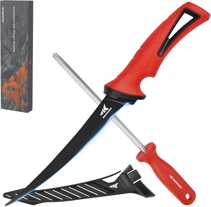 KastKing Intimidator 7'' Fillet Knife and Honing Rod,Fishing Gear for Men | Ultra-Sharp G4116 German Stainless-Steel Blades, Non-Slip Handle, Sheath, Fishing Gear and Gifts for Men, Fishing Knife