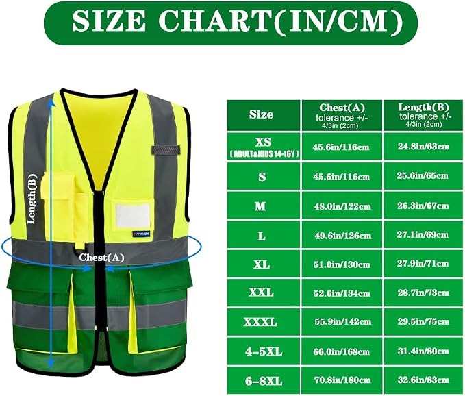 A-SAFETY Reflective Safety Vest, Hi Vis 9 Pockets High Visibility Zipper Front Safety Vest, Yellow&Green Color Mixed, L
