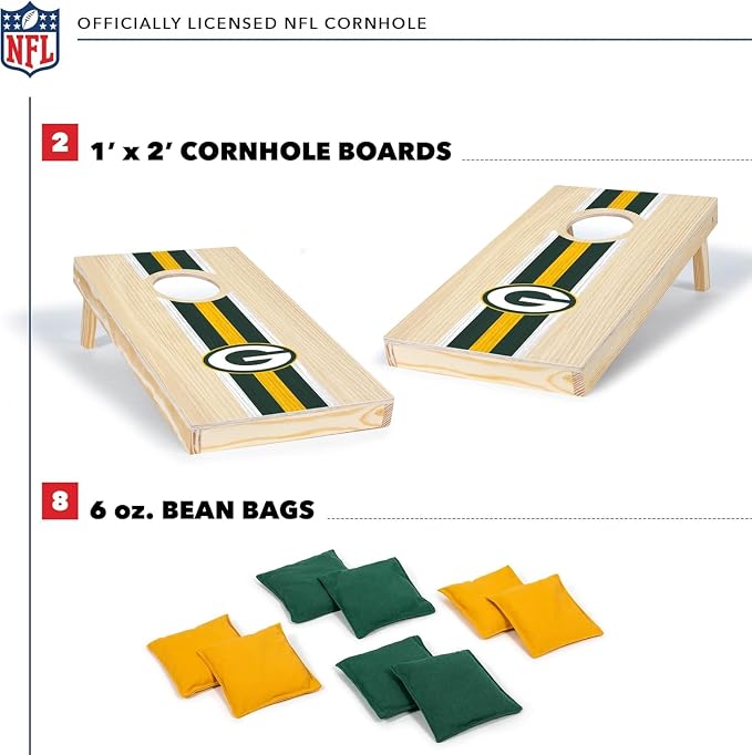 NFL Football Portable Size 1' x 2' Solid Wood Cornhole Set with Direct Print HD Team Graphics – Travel Size