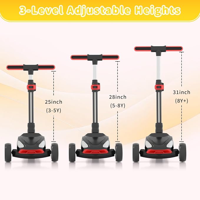 SIMATE Electric Scooter for Kids Ages 3+, 3 Wheel Balance Scooter, 3 Adjustable Heights, Foldable & LED Display & Thumb Throttle, Long Battery Life, Full Body Lights Up, Gift for Kids Boys Girls