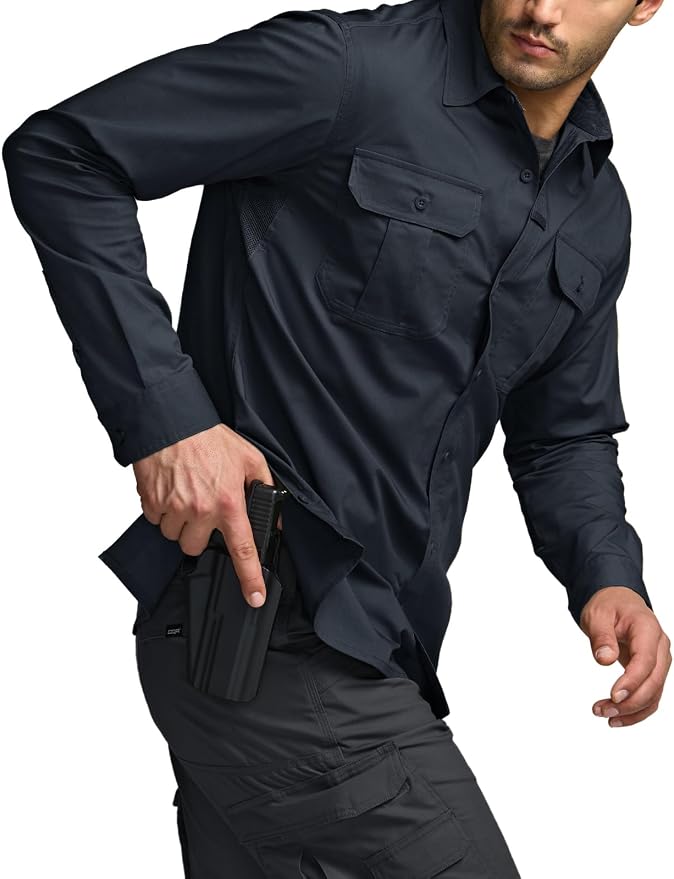 CQR Men's Long Sleeve Tactical Shirts, Ripstop Military Work Shirts, UPF 50+ Breathable Button Down Outdoor Hiking Shirt