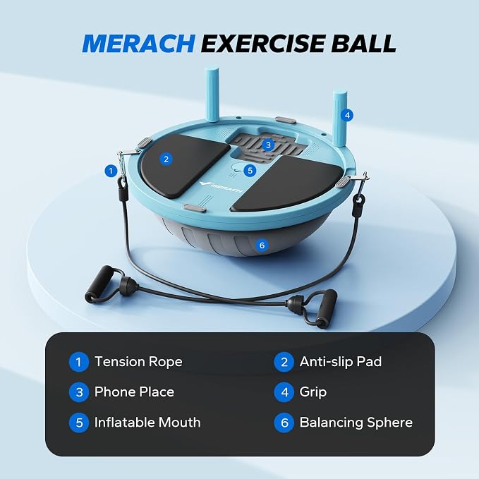 MERACH Balance Ball Trainer, 18 Inch Half Exercise Ball with Resistance Bands and Foot Pump, Half Yoga Ball for Core Strength Training, 450lb Capacity