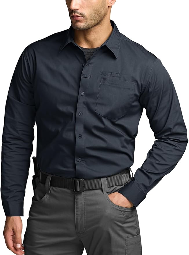 CQR Men's Long Sleeve Tactical Shirts, Ripstop Military Work Shirts, UPF 50+ Breathable Button Down Outdoor Hiking Shirt