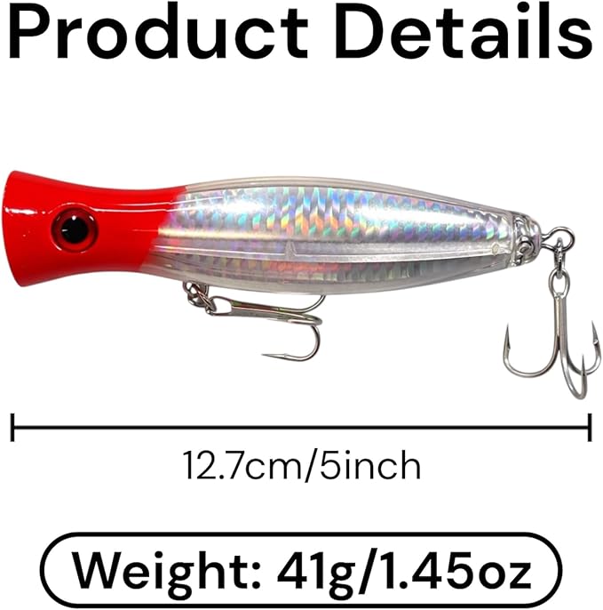 6-Piece Large Topwater Popper Fishing Lures with Tackle Box | 5-inch surface poppers, 1.45 oz (41 g) each, Freshwater and saltwater surf casting, Rattling Surface Poppers