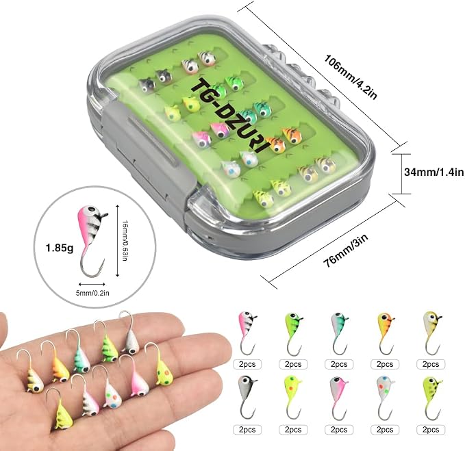 Tungsten Ice Fishing Jigs Kit, 3.2/4/5mm Glow in Dark Tear Drop Ice Fishing Lure Jigs with Waterproof Two-Sided Jig Box Assortment 20/24/30