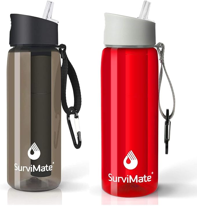 SurviMate Black and Red Filtered Water Bottles