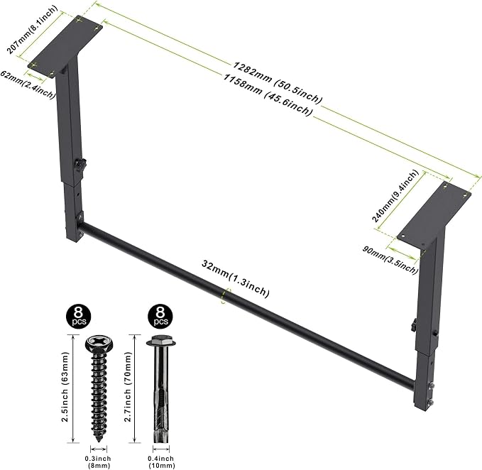 Kipika 48" Ceiling Mounted Pull Up Bar, Heavy Duty Multi-Grip Chin Up Bar,Mounted Pullup Bar, Adjustable Height, Pull Up Bands for Chin Ups & Body Stretching, Ideal for Home Gym and Strength Training