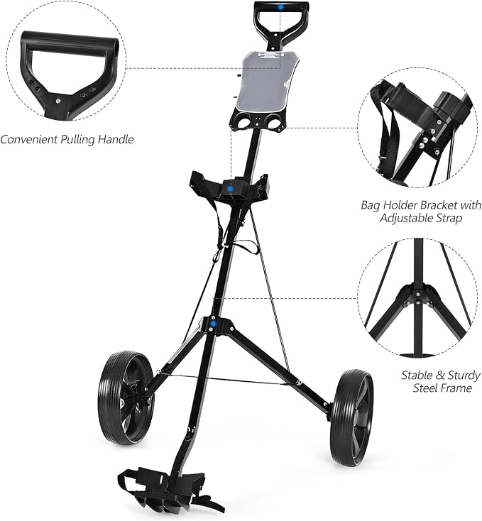 GYMAX Golf Cart, 2 Wheel Golf Push Cart with 9.5” Wear-Resistant Rubber Wheels, Elastic Strap & Scoreboard, Folding Lightweight Portable Golf Caddy Cart for Teens Adults