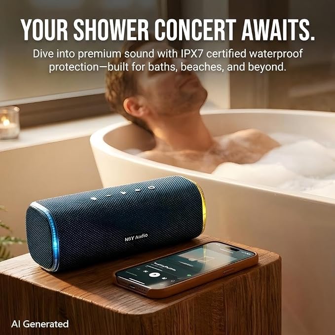 40W Bluetooth Shower Speaker, IPX7 Waterproof Pool Speaker | Interactive Tap-to-Play Drum Beats, 25H Playtime, LED Lights, Built-in Mic for Hands-Free Calls in Bathroom, Blue