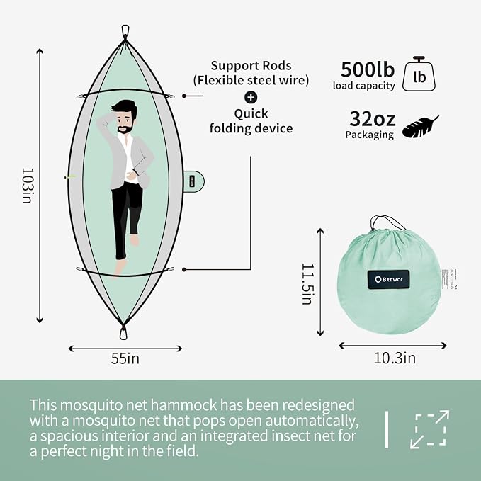 Hammock with Mosquito Net - Lightweight, Portable, 1 Person Hammock - for Camping, Hiking, Backpacking, Travel, a Festival, or The Beach (Cyan)
