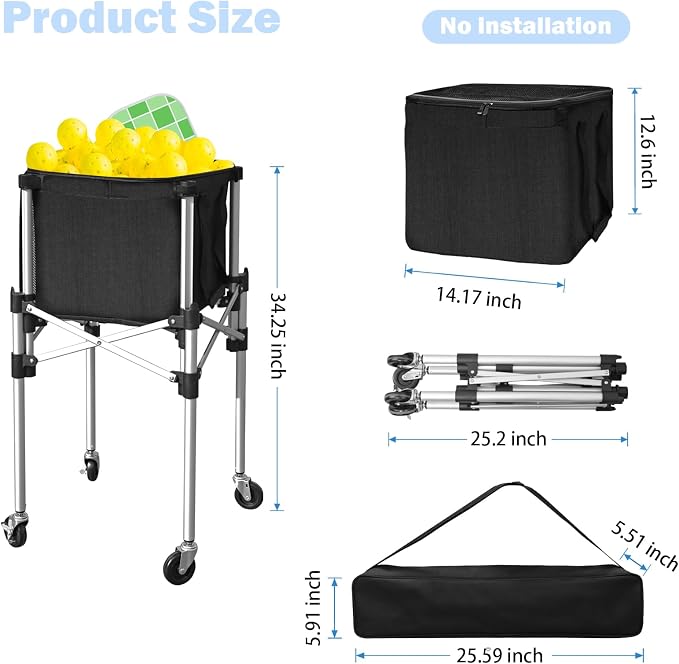 Retractable Pickleball Hopper - Foldable Tennis Ball Basket Ball Candy Upgraded Pickleball Caddy Practice Equipment with Wheels for Training/Teaching