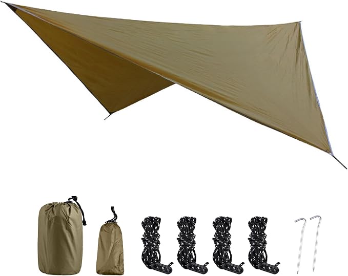TRIWONDER Camping Tarp Cover Waterproof Rain Fly Tent Ground Cloth Footprint Hammock Shelter for Outdoor Hiking Picnic Beach (Brown+Accessories)