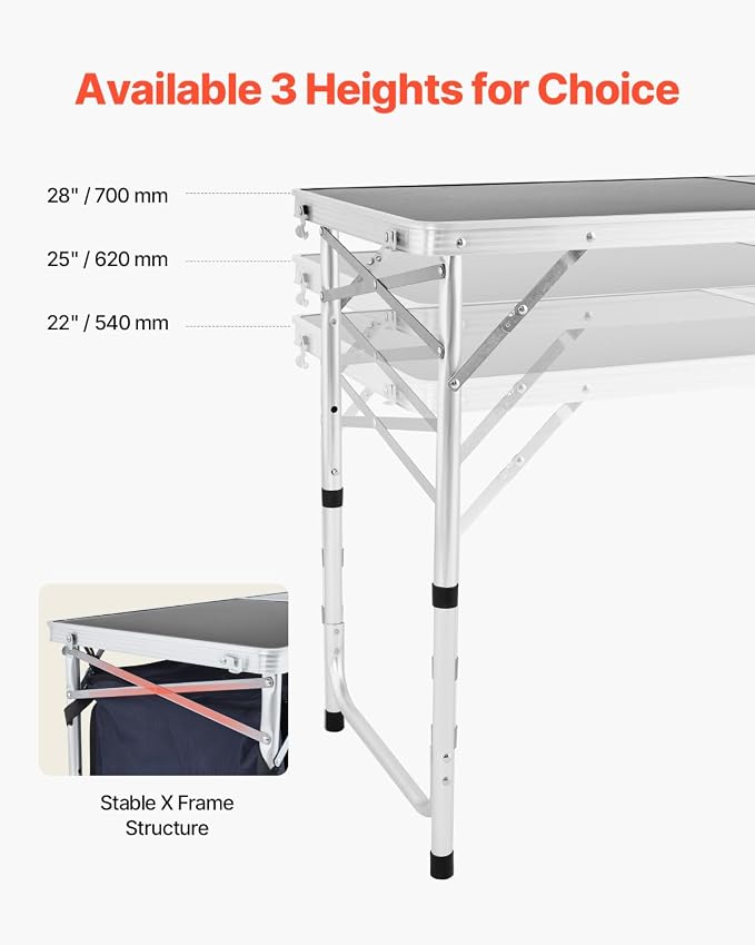 VEVOR Camping Kitchen Table, Folding Outdoor Cooking Table, 3 Adjustable Height, Aluminum Lightweight Portable Cook Station with Storage Organizer, Carry Handle, for BBQ Party Picnic RV Travel, Blue