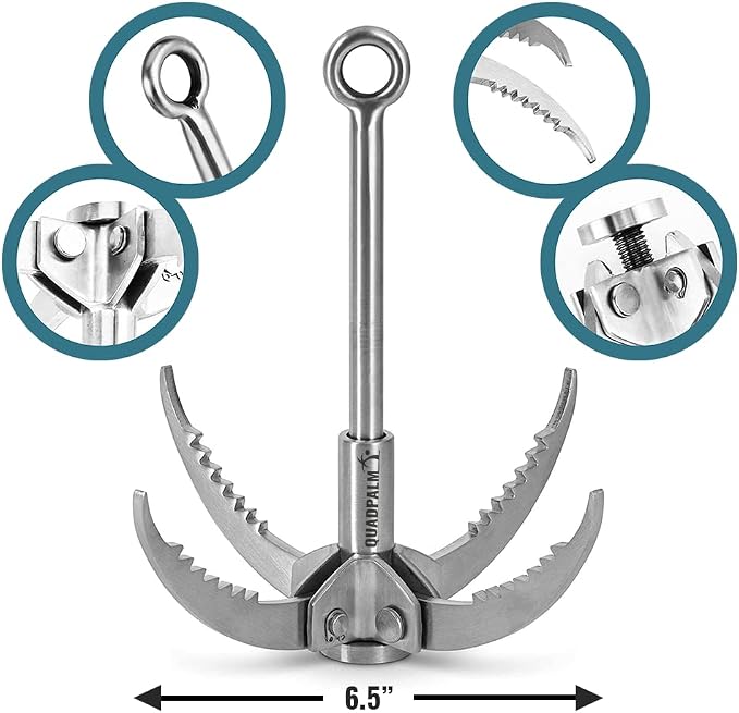 Grappling Hook with 10m Rope – Multifunctional QUADPALM Grapple Hook - 4 Stainless Steel Folding Claws - Heavy Duty - Outdoor Camping Hiking Tree Rock Mountain Climbing Equipment