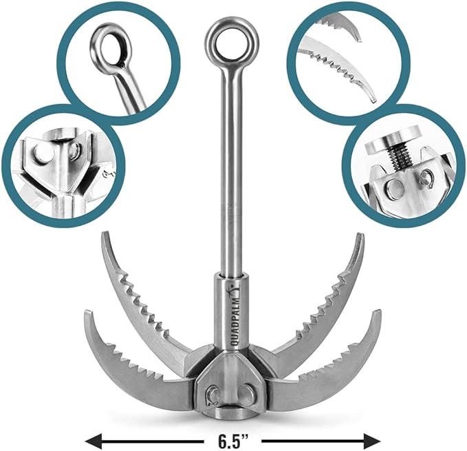 Grappling Hook with 10m Rope – Multifunctional QUADPALM Grapple Hook - 4 Stainless Steel Folding Claws - Heavy Duty - Outdoor Camping Hiking Tree Rock Mountain Climbing Equipment