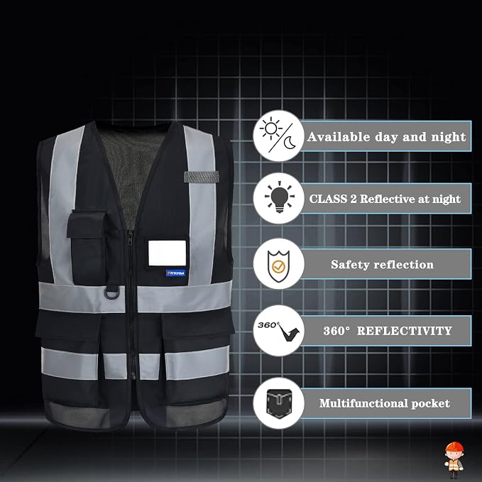 A-SAFETY 7 Pockets Hi Viz Zipper Front Working Safety Vest with Reflective Strips, Multiple Colors Available, Black M