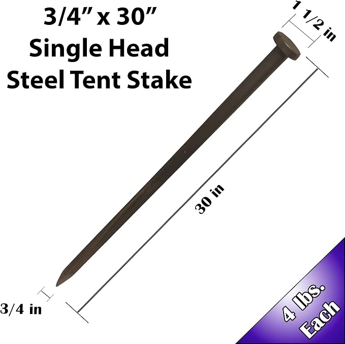 3/4 x 30 Inch Heavy Duty Steel Tent Stakes, Single Head Ground Anchors, Versatile Spikes to Anchor Commercial Inflatables, Event Tents, Camping Shelters and Landscaping - 4 Pack