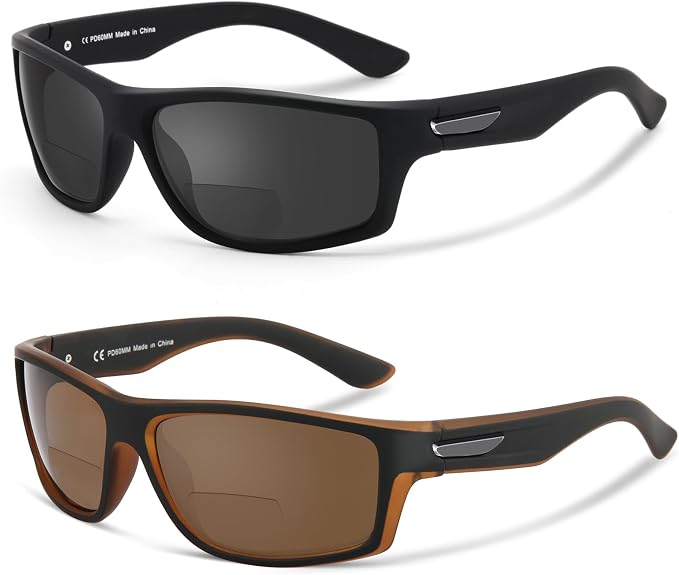Missfive 2-Pack Mens Ultimate Bifocal Sunglasses with Readers Built In Sporty Upgraded Wrap Frame, UV400 Protection Driving & Reading Glasses for Outdoor +1.5 (Dark/Brown)
