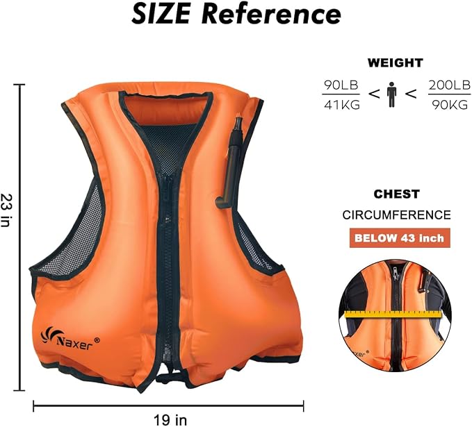 NAXER Inflatable Buoyancy Jackets Snorkel Vests for Adults Kayak Kayaking Snorkeling Suit 90-200 lbs Easy Swimming Boating Paddleboarding Water Sports