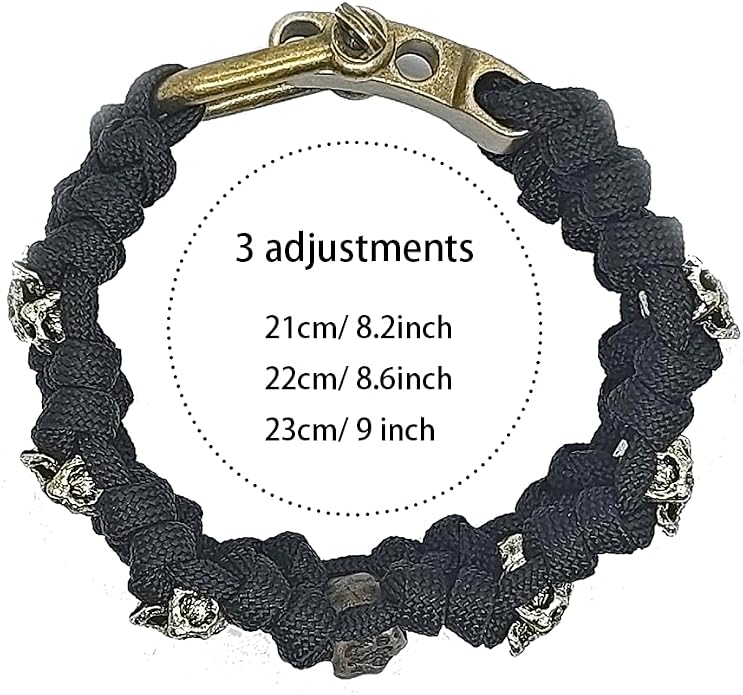 Skull Paracord Bracelet Black Green Paracord Bracelet Adjustable Gothic Design Bracelets with Metal Skull Charms U-Shackle Closure