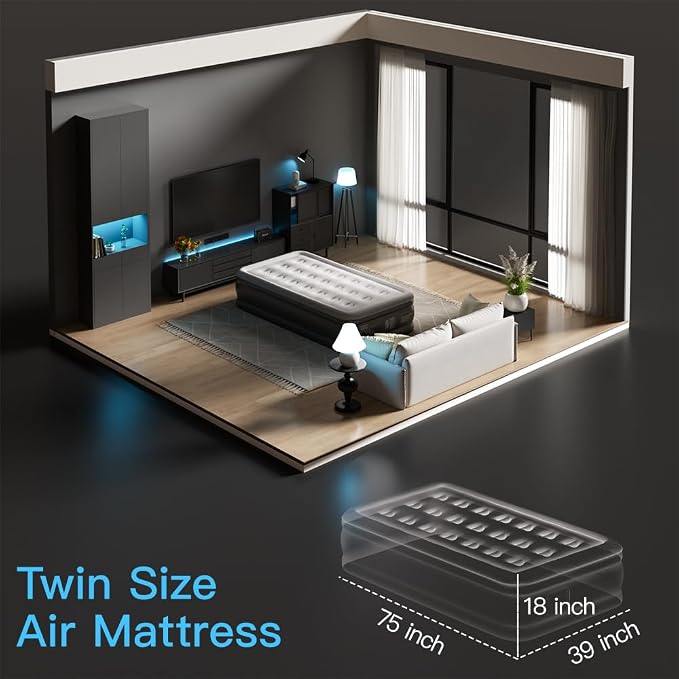 SENNOUL Air Mattress Twin with Built in Pump - Upgraded Single Blow Up Bed, 2 Mins Quick Self Inflatable, 18"/550lbs Max, Strong Support, Flocked Top, Puncture Resistant, for Camping,Home,Guests