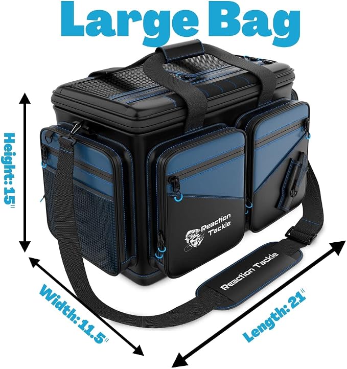 Reaction Tackle Saltwater Fishing Tackle Bags, Water Resistant 1000D PVC Tackle Box Bag with Removable Dividers, Fits 3600 and 3700 Trays, Large