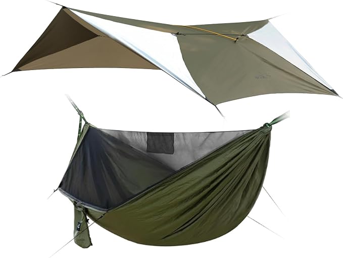 Camping Hammock with Mosquito Net and Tent Tarp, Lightweight Hanging Hammocks Tree Straps, All-in-one Fast Open Hammock for Outside, Hiking, and Travel