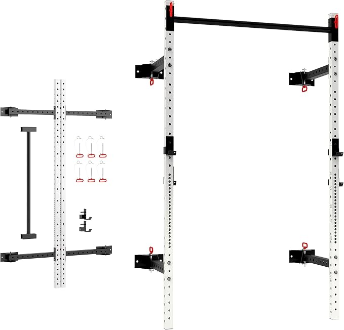 Soozier Folding Squat Rack with Adjustable Pull-Up Bar, 1000 Pounds Capacity Wall Mounted Power Rack, Adjustable Steel Barbell Rack with J Hooks for Home Gym Full Body Workout