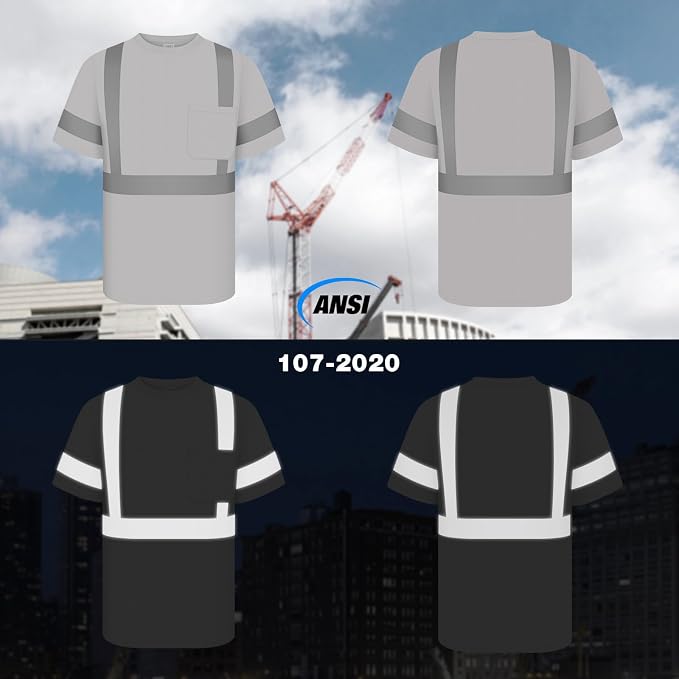 TCCFCCT Class 2 High Visibility Construction Shirt for Men Women, Hi Vis Reflective Safety Short Sleeve Work Shirt, Durable & Breathable, DC-Light Gray M